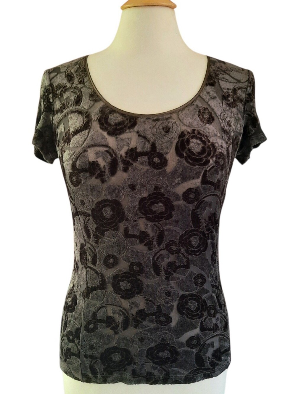 ARMANI COLLEZIONI Brown Short Sleeve Floral Burnout Stretch Velvet Top  Sz 12